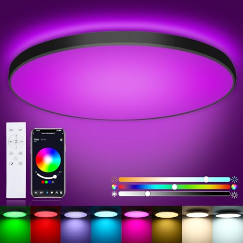 Oraymin 24W Deckenlampe mit Fernbedienung, 2400LM LED Deckenleuchte App Steuerbar, Schlafzimmer Lampe mit 16 Millionen DIY Farben, Ø30CM Wohnzimmerlampe, Dimmbar LED Lampe für Kinderzimmer