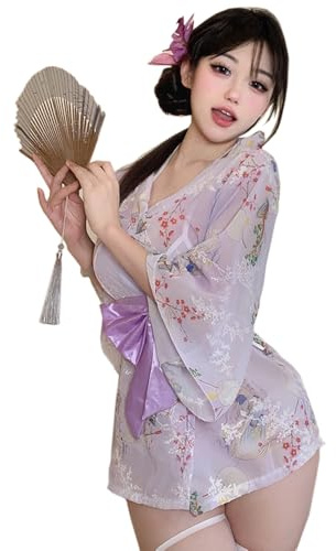 SINROYEE Traje de cosplay de anime japonés sexy, kimono, disfraz de Halloween, vestido de sirvienta, brasier y bragas, 2 Púrpura, talla única