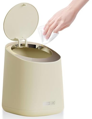 Bordsavfallskorg med lock, 2 l minipapperskorg med lock, plastpapperskorg liten soptunna för skrivbord, kök, kontor, sovrum, krämfärg (13 × 14,7 × 17 cm)