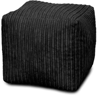 Bags of Beans Luxurious Jumbo Corduroy Cube Pouffe Bean Bag - Pre filled, Portable Footstool - Living Room, Bedroom Furniture - Comfortable, Ergonomic Footstool (Black)