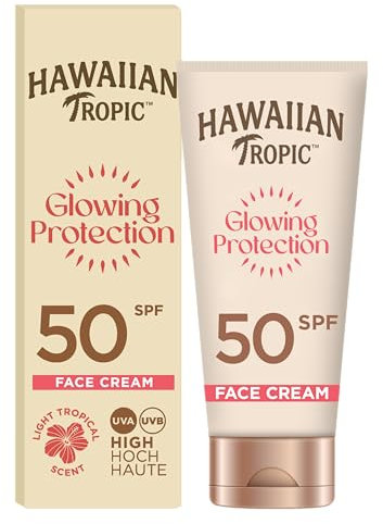 Hawaiian Tropic | Glowing Protection Gesichts-Sonnenlotion, wasserfeste Sonnencreme mit LSF 50 UVA- + UVB-Schutz, tropischer Duft, mit Sheabutter, 50ml