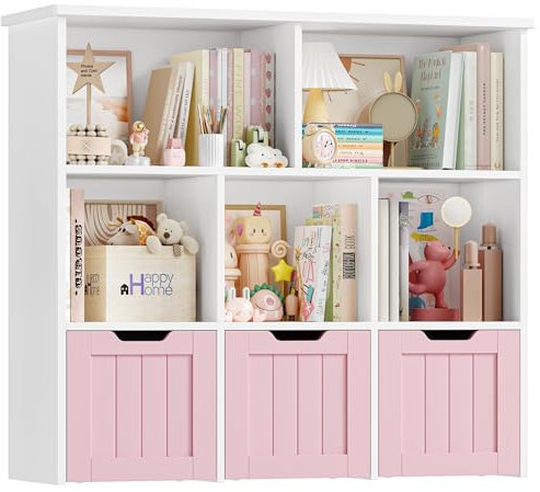 FOREHILL Kinderregal mit Boxen auf Rollen, Kinderzimmer Möbel, Spielzeugregl, Aufbewahrungregal,Bücherregal für Kinder, Kinderschrank, Regal mit 3 Boxen 100x33x89.5cm (rosa)