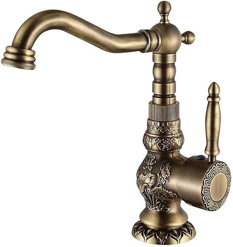 Faucets, Kitchen Taps Faucet Rustic Carved Antique All Copper Bathroom Washbasin Hot Cold Water Tap 360°Rotatable Lavatory Basin Mixer Faucet Solid Brass RETR Kitchen Waterfal