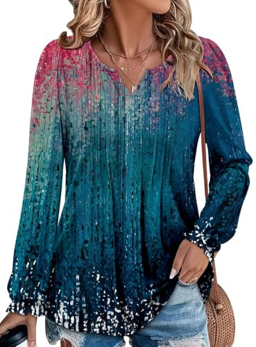 KISSMODA Ladies Casual Long Puff Sleeve Tunic Tops V Neck Pleated Blouses Trendy Cute T Shirts for Legging Peacock Blue