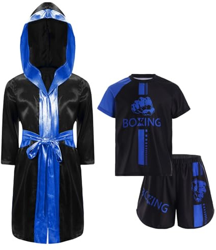 Yihuimin Bambini Ragazzo Completo Accappatoio Pantaloncini Da Boxe E Tshirt Vestito Con Cappuccio Kick Boxing Combattimento Muay Thai Mma Abbigliamento Sportivo Blu 5-6 anni
