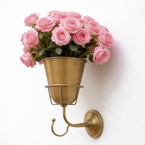 Jevuoyee Gold Wall Vase for Flowers, Boho Metal Hanging Vessel, Versatile Organizer Wall Decor for Home Living Room, Bedroom, Bathroom & Kitchen, Office