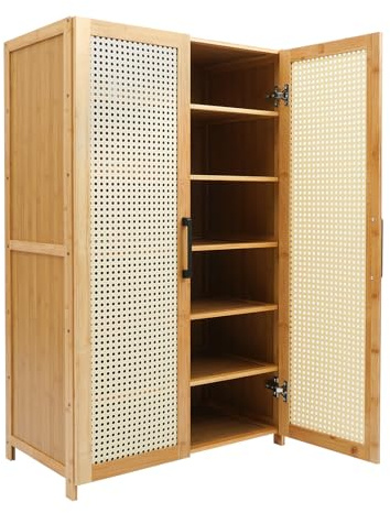 RjcdOPL Meuble Chaussures à 6 Niveaux en Bambou, Armoire à Chaussures Style Naturel, 59 × 33 × 100 cm, 2 Portes Ventilées, Charge 10 kg/Étagère, pour Entrée Couloir Salon Chambre