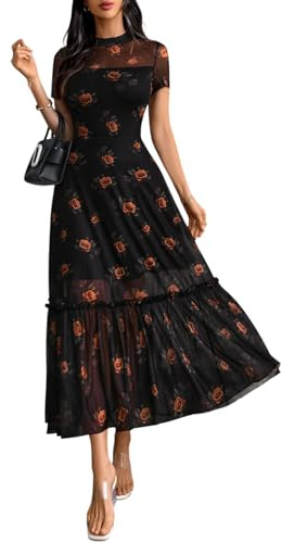 GothDark Women's Summer Maxi Dress Floral Mesh A Line Short Sleeve Casual Boho Gothic Party Wedding Guest Long Dress