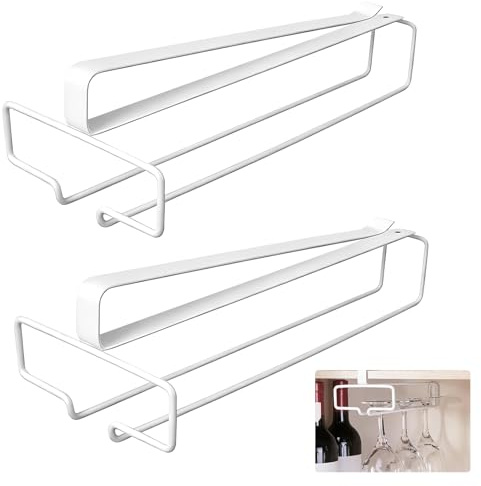 TESSTSY 2 Pezzi Porta Bicchieri Sospesi, Porta Calici Sottopensile, Portabicchieri Sospeso, Portabicchieri Da Vino, Scolabicchieri Vino In Metallo, Senza Foratura, per Bar Ristorante Cucina (Bianco)