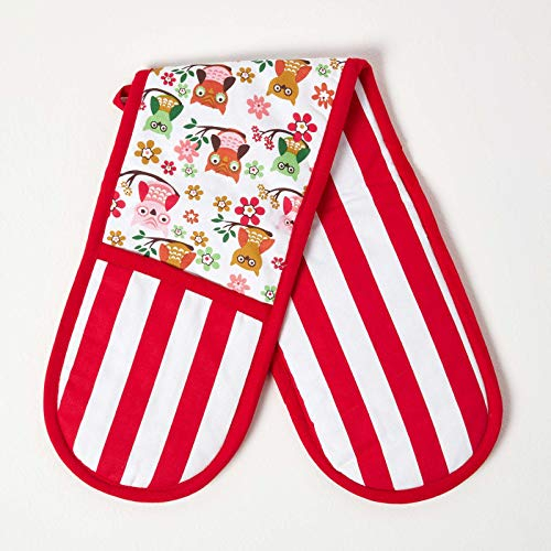 HOMESCAPES - Pure Cotton Double Oven Glove - Owls - Red Blue - 18 x 84 cm - Fully Coordinated Washable Kitchen Linen