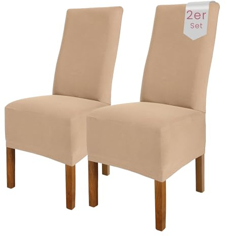 SCHEFFLER-Home Coprisedie Emma/Set di 2 Copri Sedie da Pranzo Elastici/Sedie da Pranzo/Coprisedie Elasticizzato in Cotone con Fascia Elastica/Coprisedie Eleganti, Beige