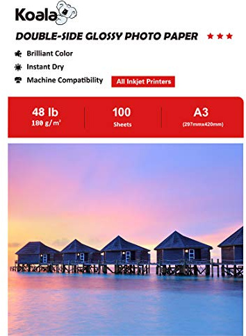 KOALA Double Sided Glossy Inkjet Photo Paper A3, 180gsm, 100 Sheets for Inkjet Printers. Suitable for printing Photos, Brochures, Covers, Certificates, Booklets, Flyers, Leaflets, Cards, Calendars