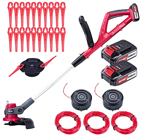 WONET Cortabordes a Batería Recortadora de Hierba con Cargador y 2 Baterías (20V/2Ah), Ø 25cm, Alimentación Automática, ​Cabezal Motor Giratorio e Inclinable