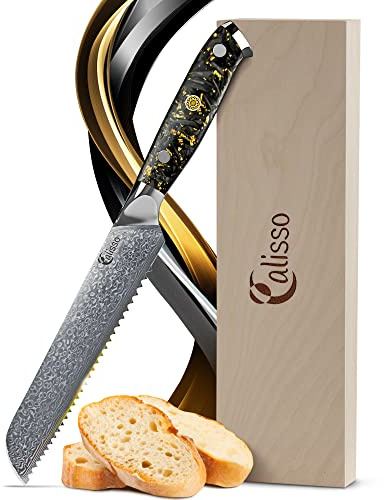 Calisso Cuchillo de pan de 67 capas de acero de damasco, cuchillo de cocina, cuchillo para panecillos