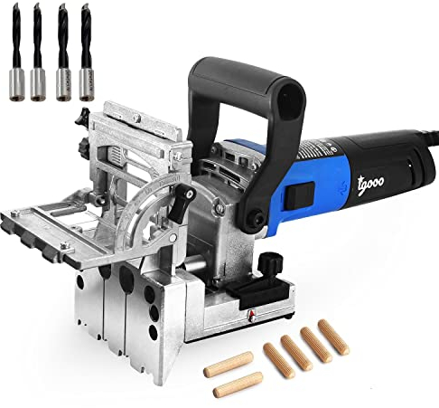 igooo Dual-Spindle Doweling Jointer DJ710, Doppelspindel Dübelfräse, Flachdübelfräse, 710 W, 230 V, 50 Hz, UK/DE-Stecker, Holzdübelschneider, 2 x 8 mm und 2 x 6 mm Bohrer, 80 Holzdübel