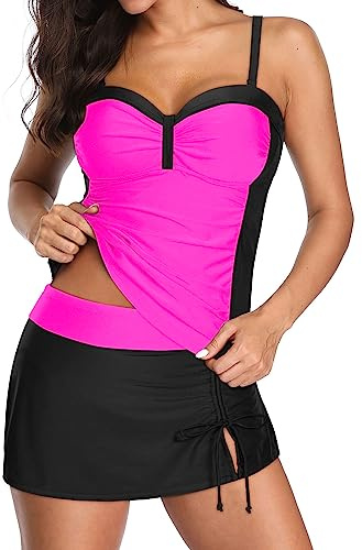 Yonique Womens Underwire Tankini Swimsuits with Skirt Two Piece Bathing Suits Tummy Control Swimwear Simple Black and Pink XL