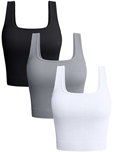 OQQ Lot de 3 Débardeur Court pour Femme Crop Tank Col Carré Slim Fit Tops Cropped Côtelé Sports Camisole Noir Gris Blanc