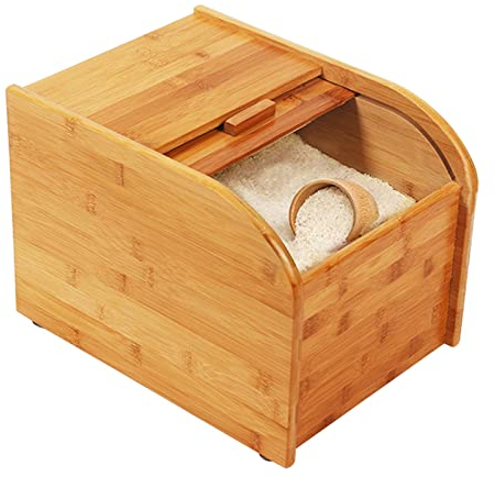 Reisbehälter aus Holz, Aufbewahrungsbehälter für Reis, mit Schiebedeckel und Messbecher, großer Müslispender, Bambus-Reisspender für trockene Lebensmittel in Haus und Küche (Kapazität: