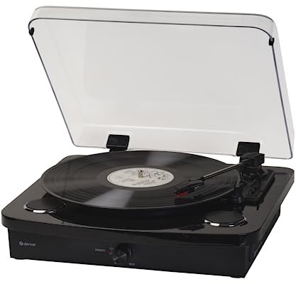 Tourne-Disque Vinyle Bluetooth Noir – DENVER VPL-230B – Platine avec Enceinte intégrée – 3 Vitesses 33/45/78 Tours – USB Enregistrement – Design rétro élégant