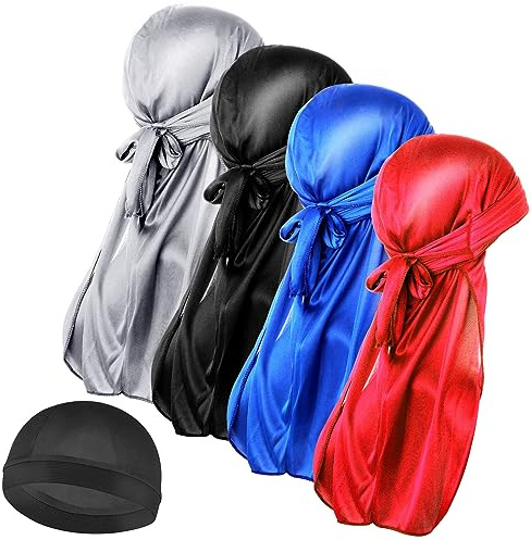 WLLHYF 4 cappellini in seta Durag a coda lunga Durag traspirante con 1 cuffia a onda per 360 onde morbida bandana turbante cappello per perdita di capelli Chemo Cap, Nero, blu, argento, rosso,