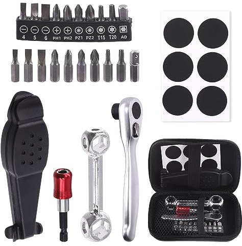 Swpeet 21Pcs Fahrrad Reparatur Werkzeug Kit, Fahrrad Multi-Tool Kit, Beinhaltet Reifenhebel, Ratschenschlüssel, Knochen Schlüssel, Magnetischer Bit Extender, Klebrige Patches, Schraubenkopf Bits