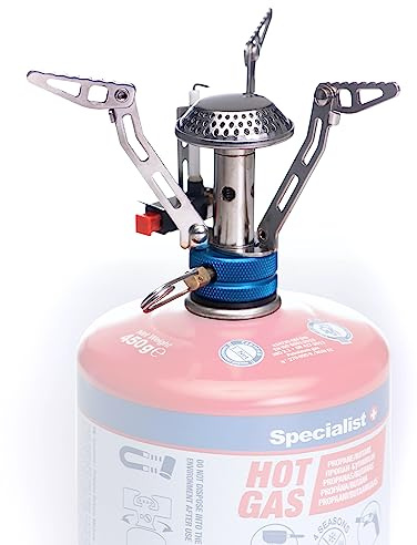 Specialist+ Estable mini hornillo de camping en el suelo – Cocina de gas exterior 7/16 – Hornillo de gas para camping con encendido automático y regulador de llama – de acero inoxidable