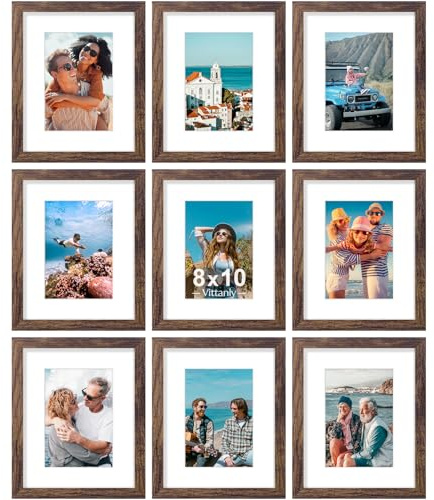 Vittanly 8x10 Picture Frames Set of 9, Shatter Resistant Plexiglass, Display 5x7 Pictures with Mat or 8x10 without Mat, Photo Frames for Wall or Tabletop, Engineered Wood, Brown