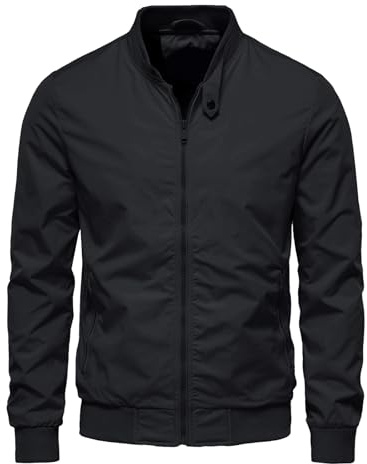 HOTIAN Chaqueta de hombre ligera y fina para hombre, chaqueta de bombardero con cuello alto, chaquetas cargo, chaqueta ligera, chaqueta de entretiempo, chaqueta de ocio para otoño, Negro , S