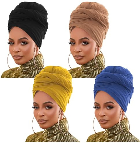 Stretch Jersey Turban Head Wrap KnitHeadwraps Bufanda urbana para el cabello Color sólido Ultra suave Extra largo Transpirable Banda para la cabeza Corbata para mujeres (negro/camello/cúrcuma/azul)