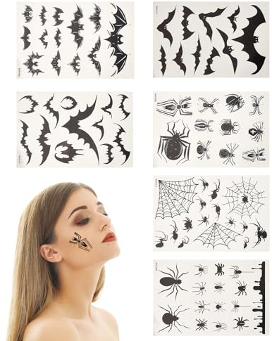 NICENEEDED 6 hoja de Pegatinas de Tatuajes Faciales de Halloween, Calcomanía Autoadhesiva de Tatuajes Faciales con Murciélagos, Diseño de Araña