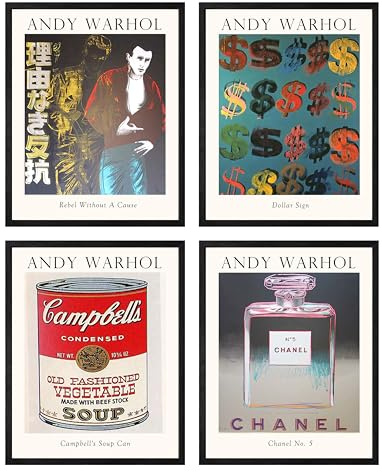 Set of 4 Andy Warhol Pop Art Framed Prints - 12x16 Wall Art Posters for Bathroom, Living Room, Bedroom Wall Decor - Famous Paintings Pictures