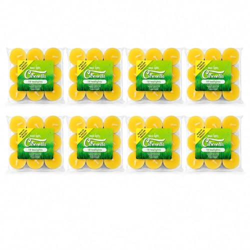Magic Lights – 144 Candele Tea Light Profumate alla Citronella | Lumini per Esterno, Giardino, Terrazzo e Campeggio | Lunga Durata | Atmosfera Estiva