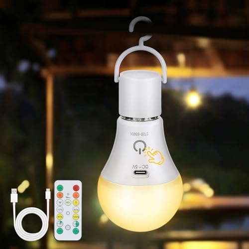 Kimjo Lampadina Ricaricabile USB C Con Telecomando - Lampadine Batteria 7W 3 Colore Dimmerabile - E27 Lampadina Senza Fili Touch Control Luci Di Emergenza