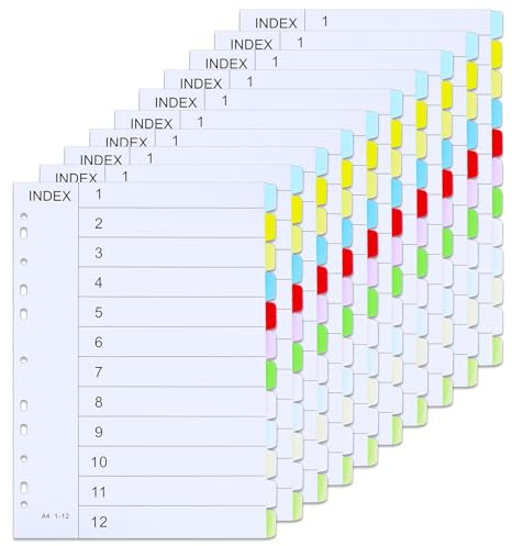 File Dividers A4, 10 Pack 12 Part Folder Dividers Coloured Multi Hole Punched A4 Dividers Tabbed Index Divider for Lever Arch Files Ring Binders Office School Index Dividers