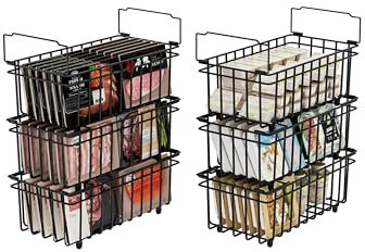 UMDONX 6 Pack Chest Freezer Baskets Organiser - Stackable Kitchen Storage Boxes for 198L Deep with Handle, Pantry Shelf Open Wire Bins Frozen Goods Sort, Durable Metal Black