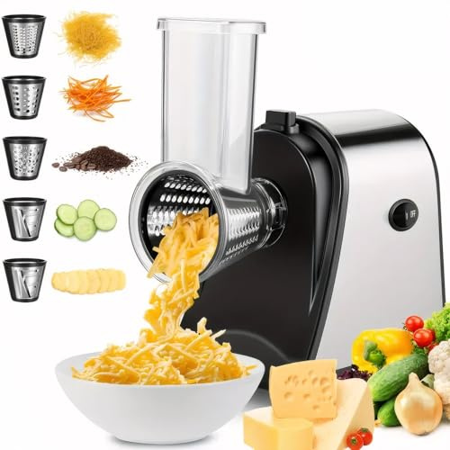 Rallador eléctrico de queso, máquina de ensalada con 5 cuchillas diferentes, trituradora eléctrica de 250 W para uso doméstico en la cocina, rallador eléctrico de control de un solo toque para quesos,