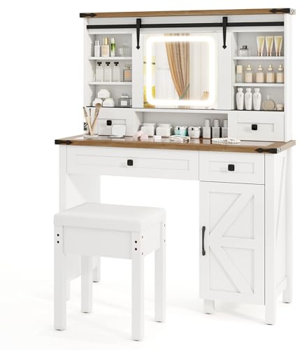 COSTWAY Dressing Table and Stool Set with 3-Color LED Lights Sliding Mirror, Adjustable Brightness, Storage Shelves, Drawers and Side Cabinet, Bedroom Farmhouse Dresser Makeup Table Vanity Desk, White