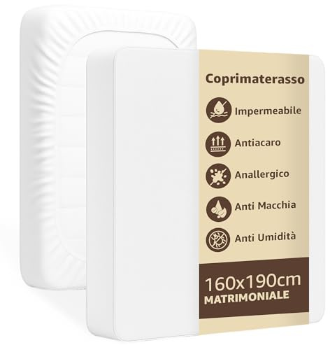 SONIT – Coprimaterasso Impermeabile Matrimoniale 160x190 cm, Antiacaro Anallergico Traspirante, Protezione Materasso Anti Macchia e Umidità con Angoli Elasticizzati, Lavabile