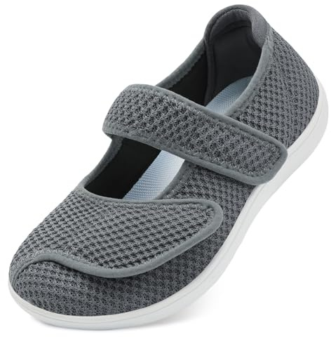 JOINFREE Womens Walking Shoes Mary Jane Wide Fit Casual Trainers Barefoot Adjustable-Strap Zero-Drop Non-Slip Comfort Shoes for Swollen Feet, Oedema, Arthritis, Elderly & Pregancy Dark Grey 6 UK