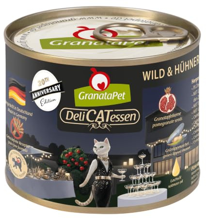 GranataPet Delicatesser Jubileumsutgåva vilt och kycklinghjärtan, våtfoder för katter, kattmat för gourmeter, foder utan spannmål och utan sockertillsatser, 6 x 200 g