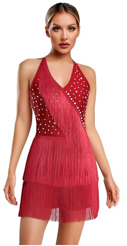 JEATHA Vestido De Baile Latino De Salsa con Borlas para Mujer Body De Lentejuelas Sin Mangas Maillot De Patinaje Competición