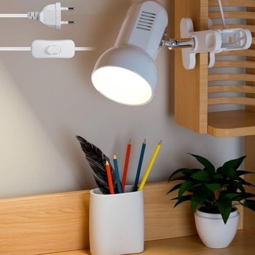 Behogan Klemmleuchte Justerbar: E27-fattning, keramisk lampsockel, skrivbord, vit klemmlampa med kontakt och strömbrytare, sänglampa, för läsning, arbete och studie (utan lampa)