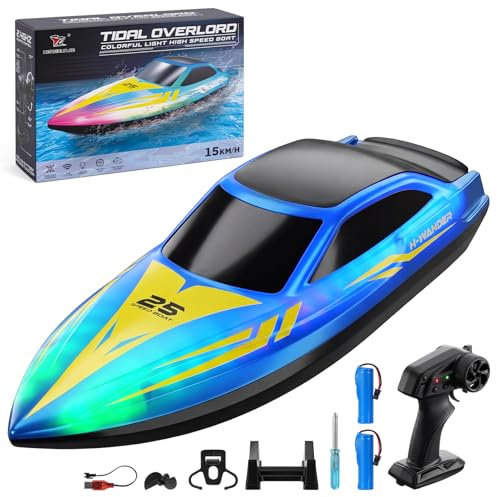 Senprity RC Barca Telecomandata Veloce 15 km/h, 2 Ore di Autonomia, Auto-Raddrizzante, 2.4GHz, Luci LED, Impermeabile per Piscina e Lago, Giocattolo Barca da Corsa 26cm per Bambini e Adulti
