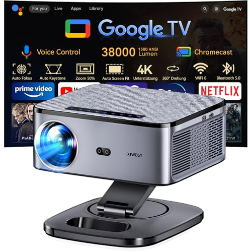 Beamer 4K【1500 ANSI & Google TV/Autofokus】 Full HD 1080P 38000 Lumen XIWBSY Smart Beamer mit WiFi 6, Bluetooth 5, Sprachassistent, Heimkino & Outdoor Projektor