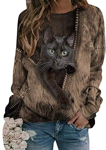 Onsoyours Femmes Pull Chat 3D Imprimé Sweatshirt Top Manches Longues Rayé Noir Casual Col Rond T-Shirt Grande Taille Blouse H Marron XL