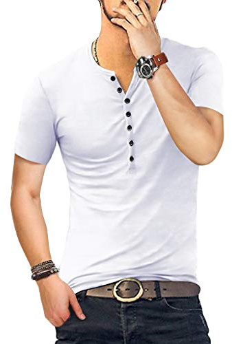KUYIGO Uomo T Shirt Manica Corta Cotone Henley Camicie Moda Casual T Shirts S-XXL