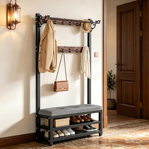 WPPTNSFY Hall Tree with Removable Hooks and 2-Tier Shoe Stand, Industrial Coat Rack Stand with Bench, Free Standing Coat Tree, Entryway Storage Shelf, for Living Room,Hallway