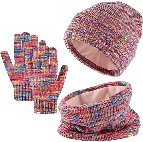Baynetin Kids Winter Hat Scarf Touch Screen Gloves Set 3-in-1,Beanie Hat Knited Warm Set, Winter Accessories Sets for Children Outdoor Age 5-12
