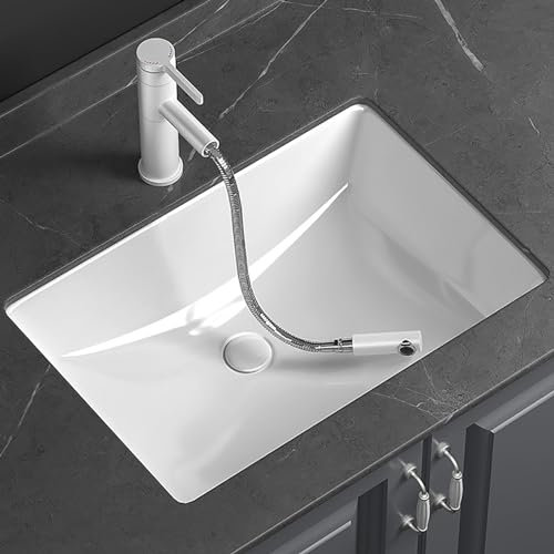 Lavabo de salle de bain en céramique sous plan avec robinet extractible, vasque carrée en céramique blanche, vasque de balcon encastrée, lavabo à linge encastré, adapté aux salles de balcons, etc. (S