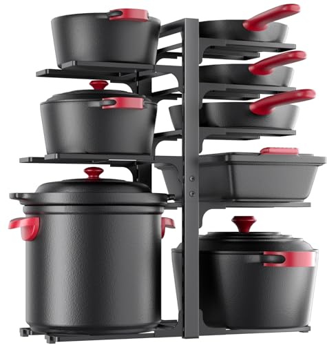 MUDEELA Pots and Pans Organizer under Cabinet, 21 Height Heavy Duty Adjustable Pot Pan Organizers inside Cabinet, 8-Tier Kitchen Cabinet Organizers and Storage for Big Stockpots, Heavy Cookware